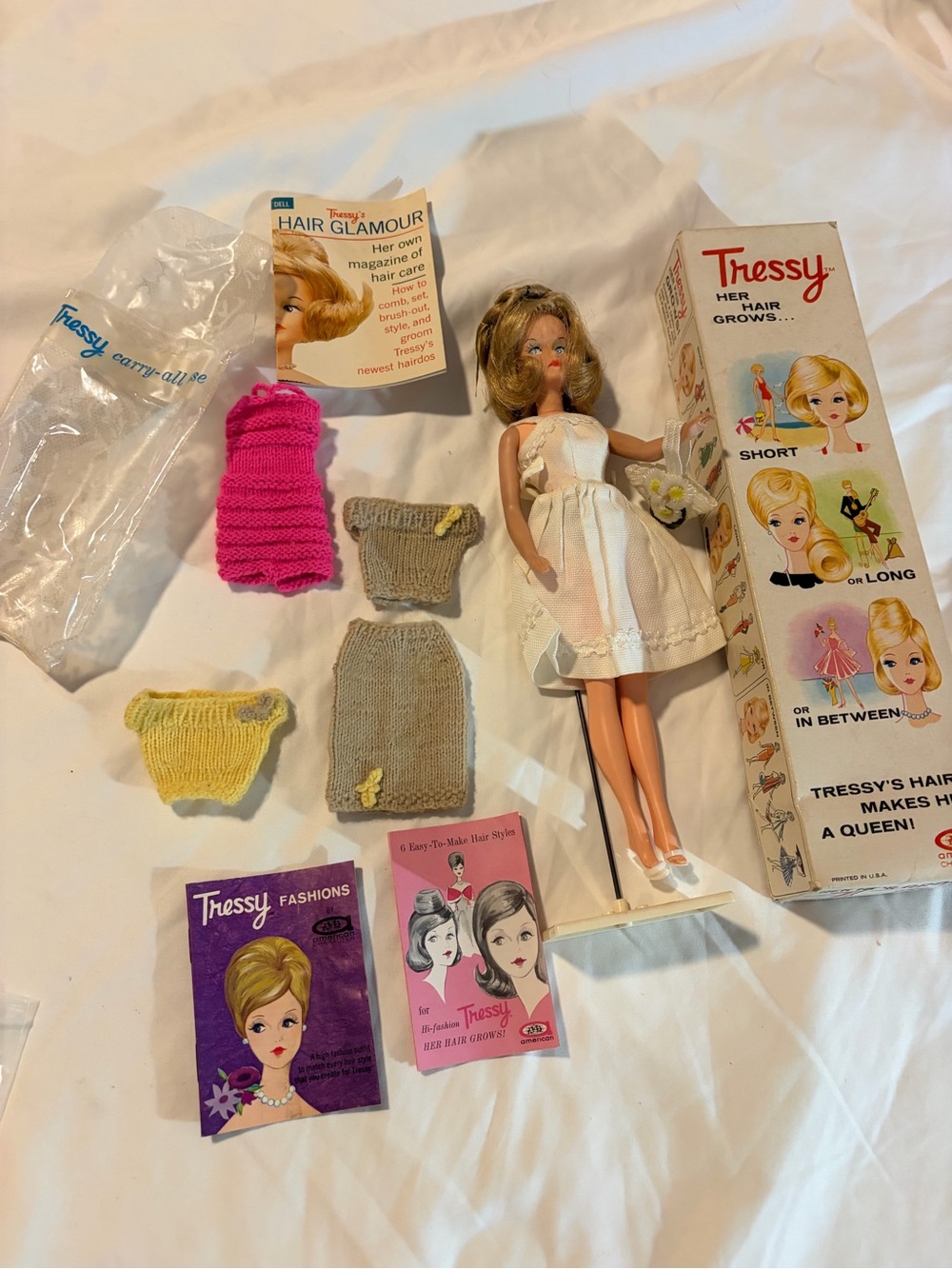 Vintage Tressy Blonde Doll with White Dress and Accessories - original box